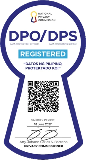 National Privacy Commission seal: DPO/DPS registered, valid until 18 June 2027